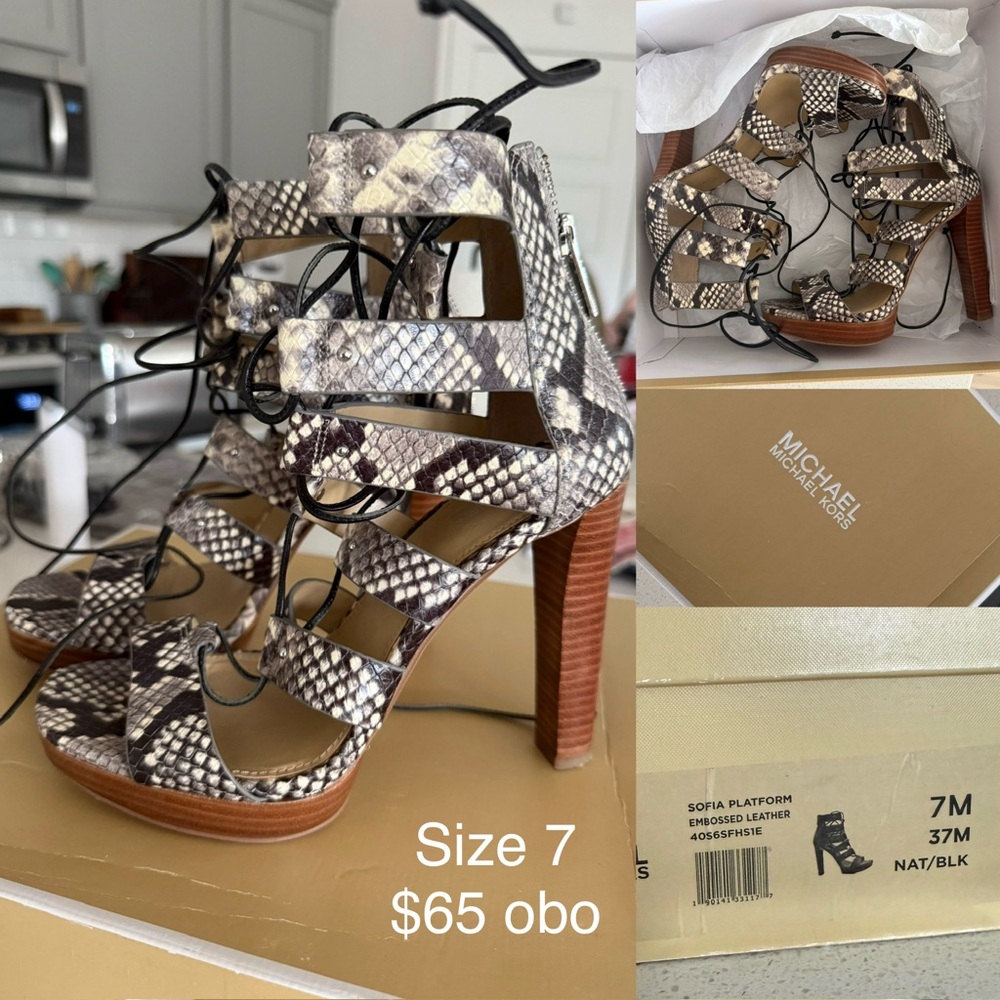 Michael Kors Snakeskin Lace-Up Heels - Black and Tan